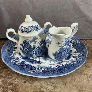 J & G Meakin Romantic England Sugar Cream Platter Blue White Ightham Mote Scene